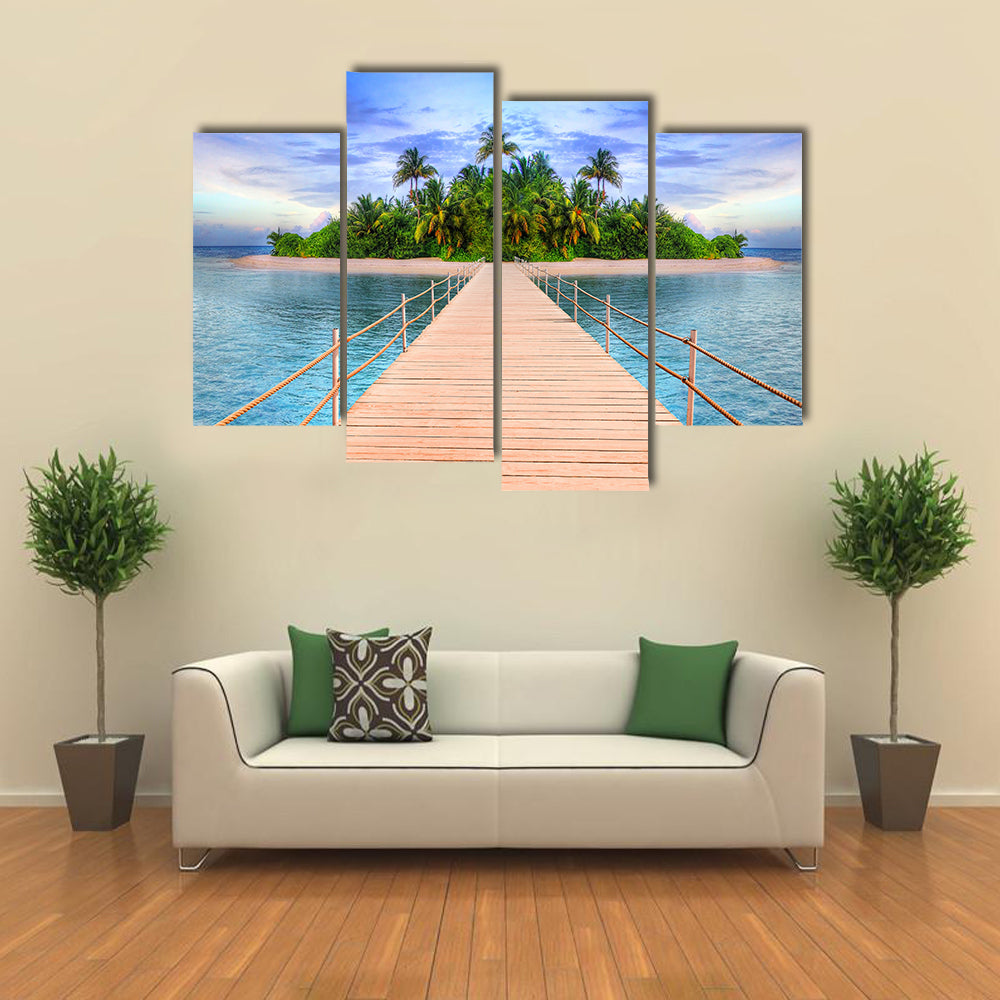 Wooden Pier to Tropical Maldives Island Canvas Wall Art