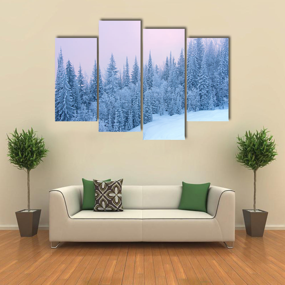 Winter Forest At The Sunset With Fog Canvas Wall Art