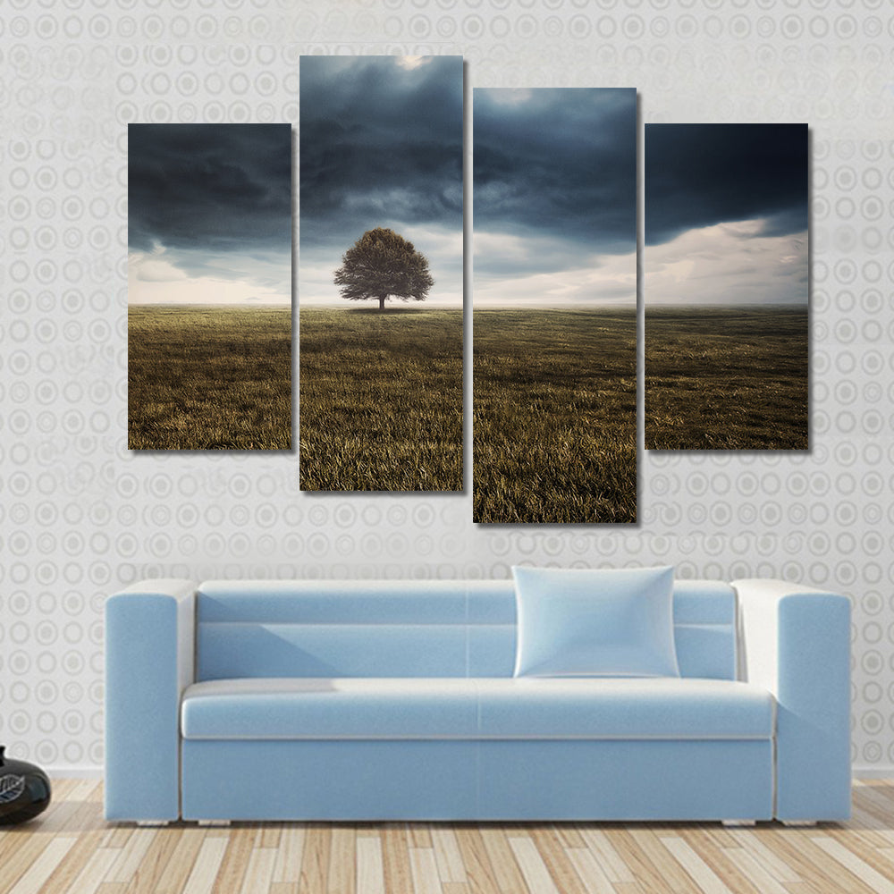 Tree In Field Under Storm Clouds Canvas Wall Art