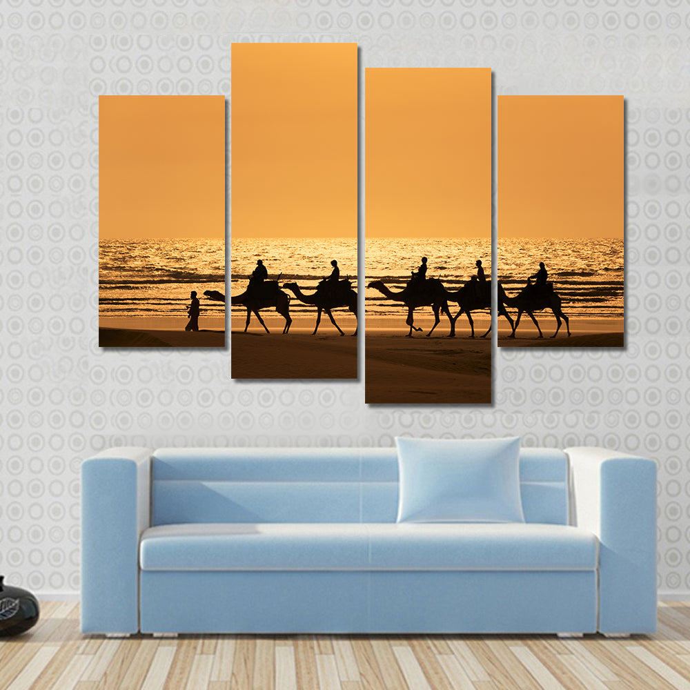 Silhouette Of Dromedary And Tourists At Sunset Morocco Canvas Wall Art