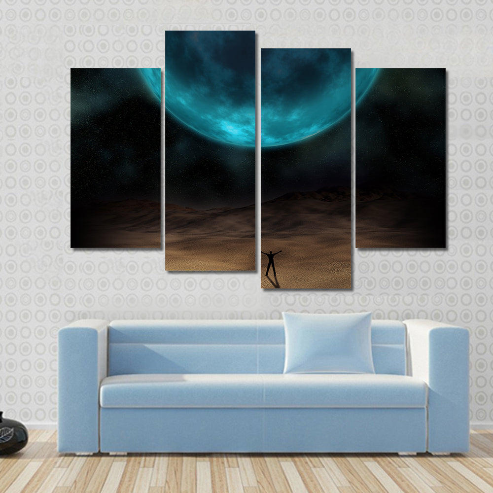 Silhouetted Figure Beneath Giant Blue Planet Canvas Wall Art