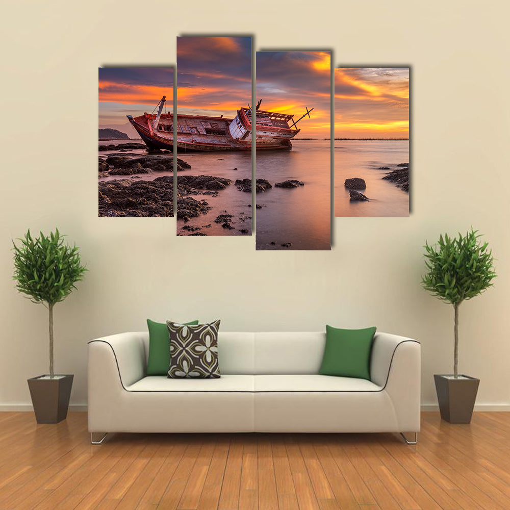 Fishing Boat Moored On Beach At Sunset Canvas Wall Art