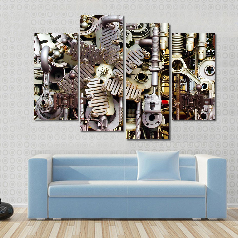 Assembled Metal Machine Parts Canvas Wall Art in gray and silver, framed print, product view on a white background