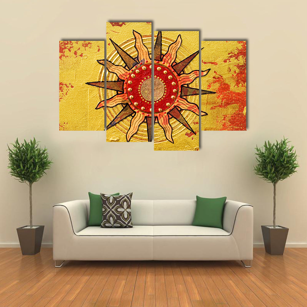 Radiant Golden Sun with Red Disc Canvas Wall Art