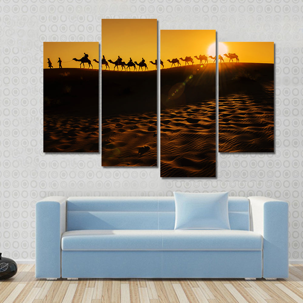 Camel Caravan at Sunset Canvas Wall Art