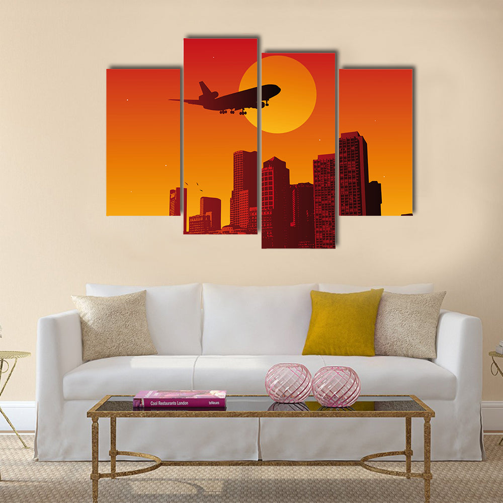 Airplane with Landing Gear Over Sunset City Canvas Wall Art