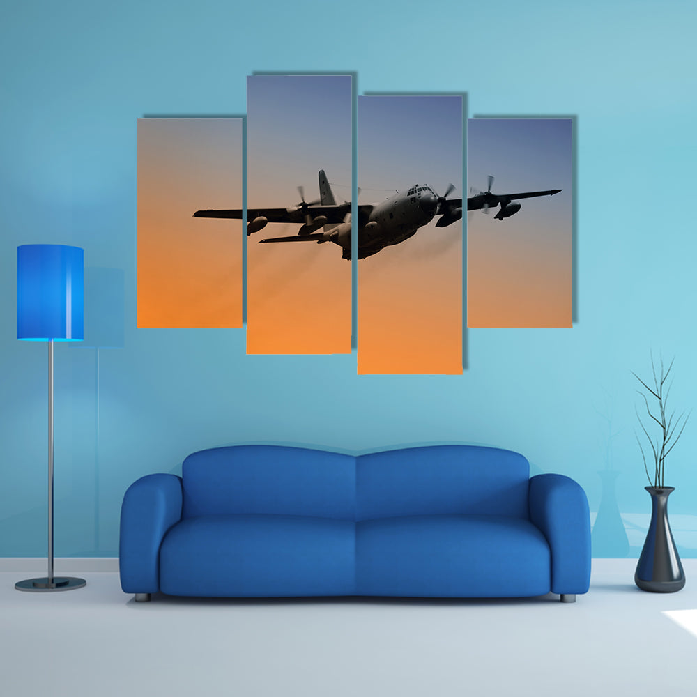 Military Airplane Flying Into Early Morning Sky Canvas Wall Art