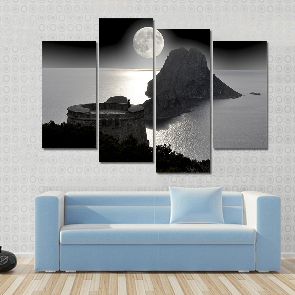 Moonlit Watchtower on Rocky Island Canvas Wall Art