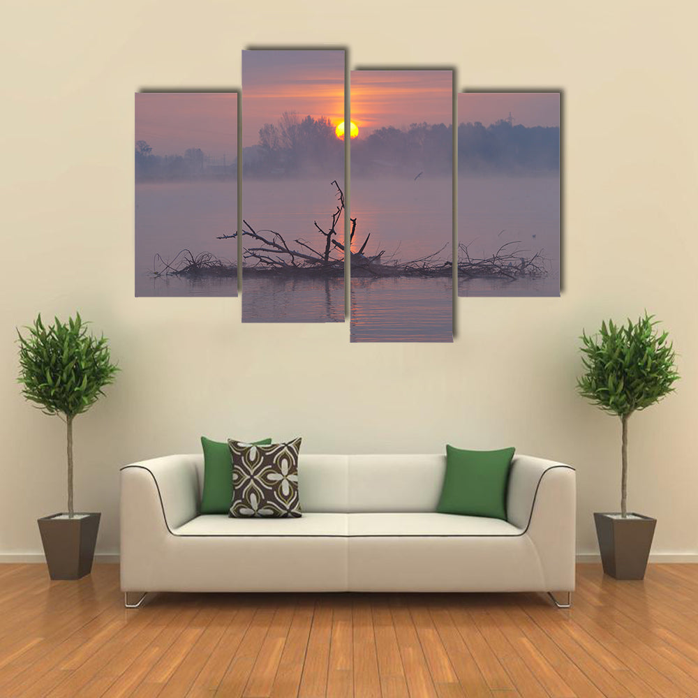 Misty Lake Sunrise Canvas Wall Art