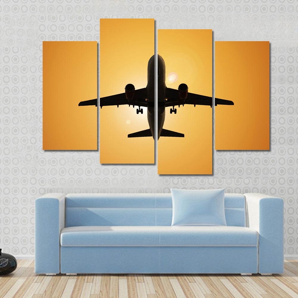 Airplane Silhouette Against the Sun Canvas Wall Art