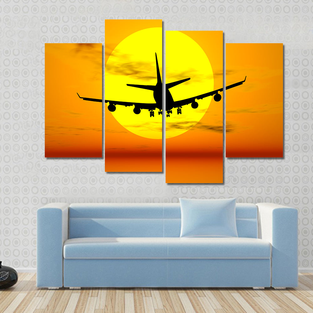 Airplane Silhouette Over Tropical Sunset Canvas Wall Art