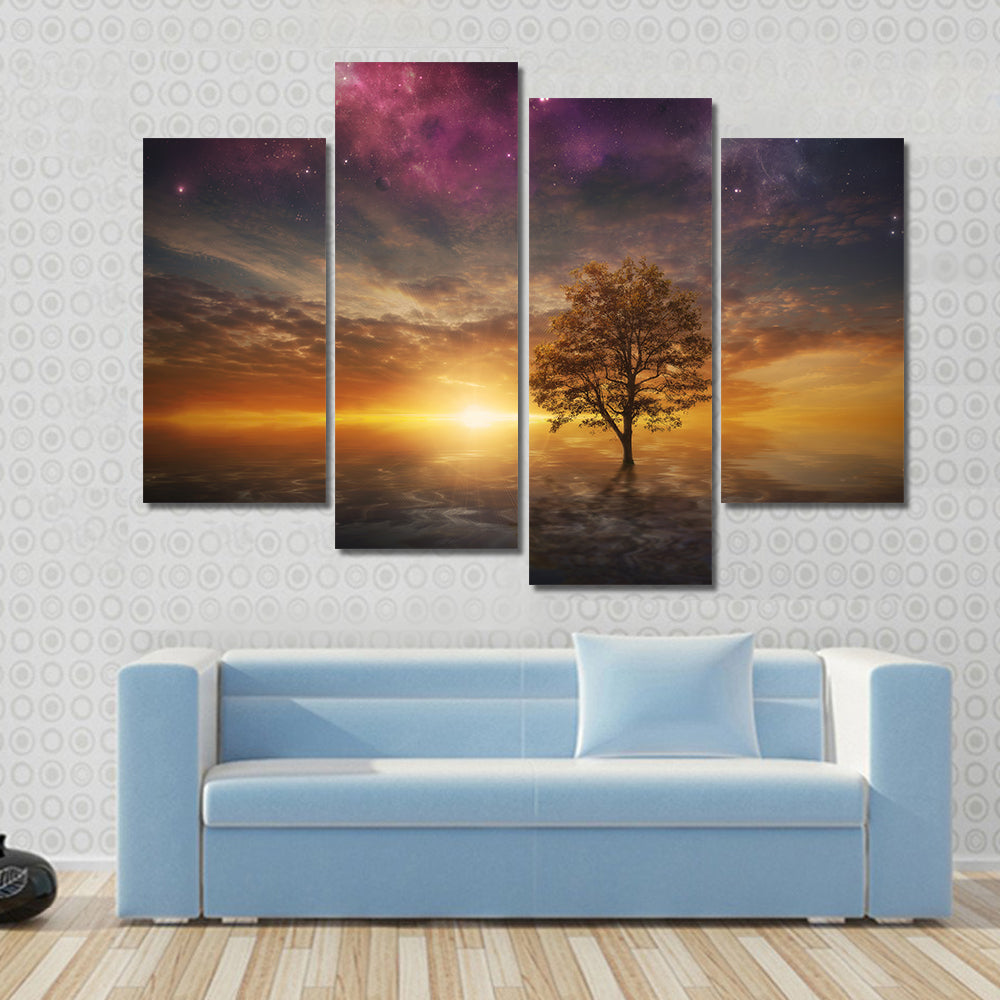 Surreal Tree In Lake Sunset Canvas Wall Art