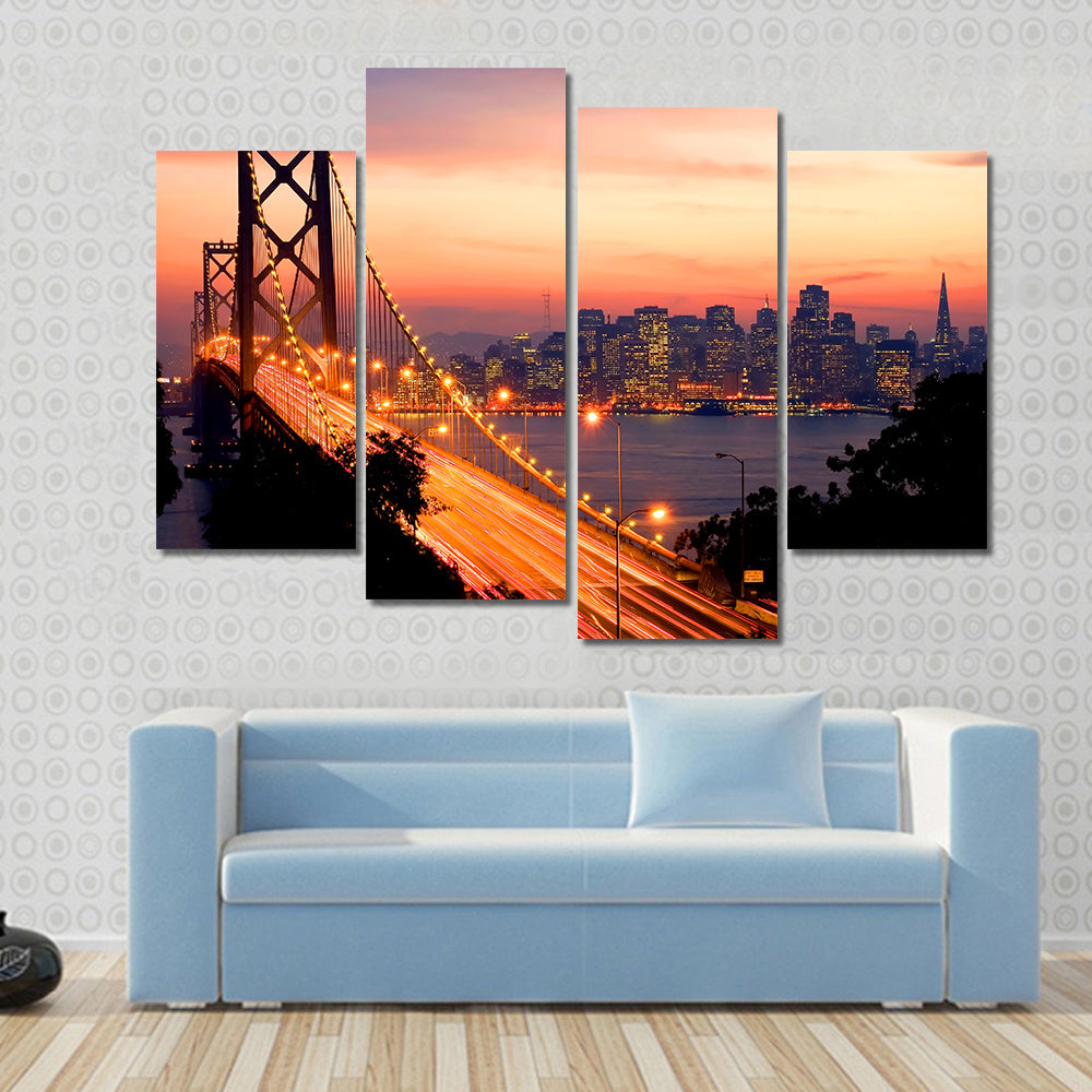 San Francisco And Bay Bridge At Sunset Canvas Wall Art