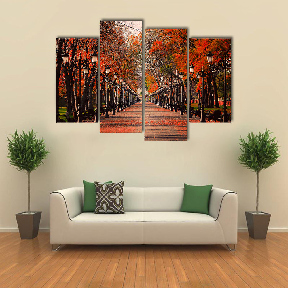Red Autumn Park Pathway Canvas Wall Art