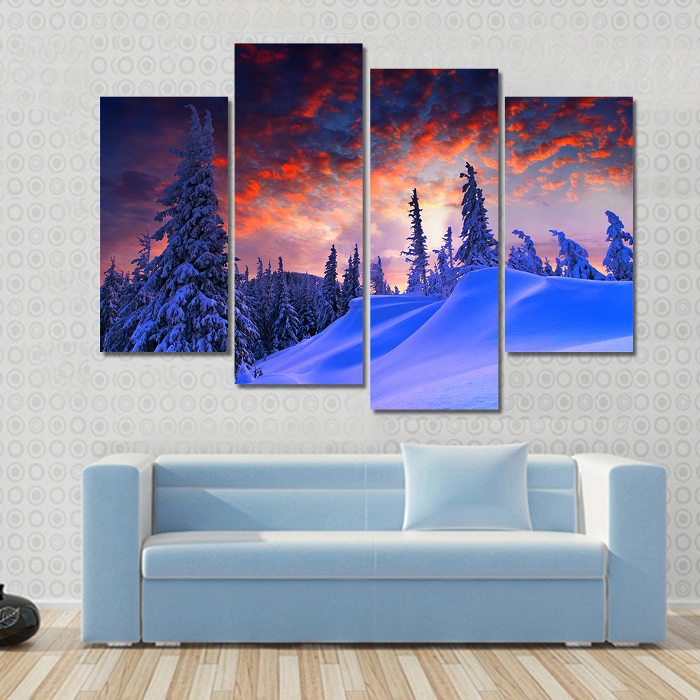 Snowy Winter Landscape At Sunset Canvas Wall Art