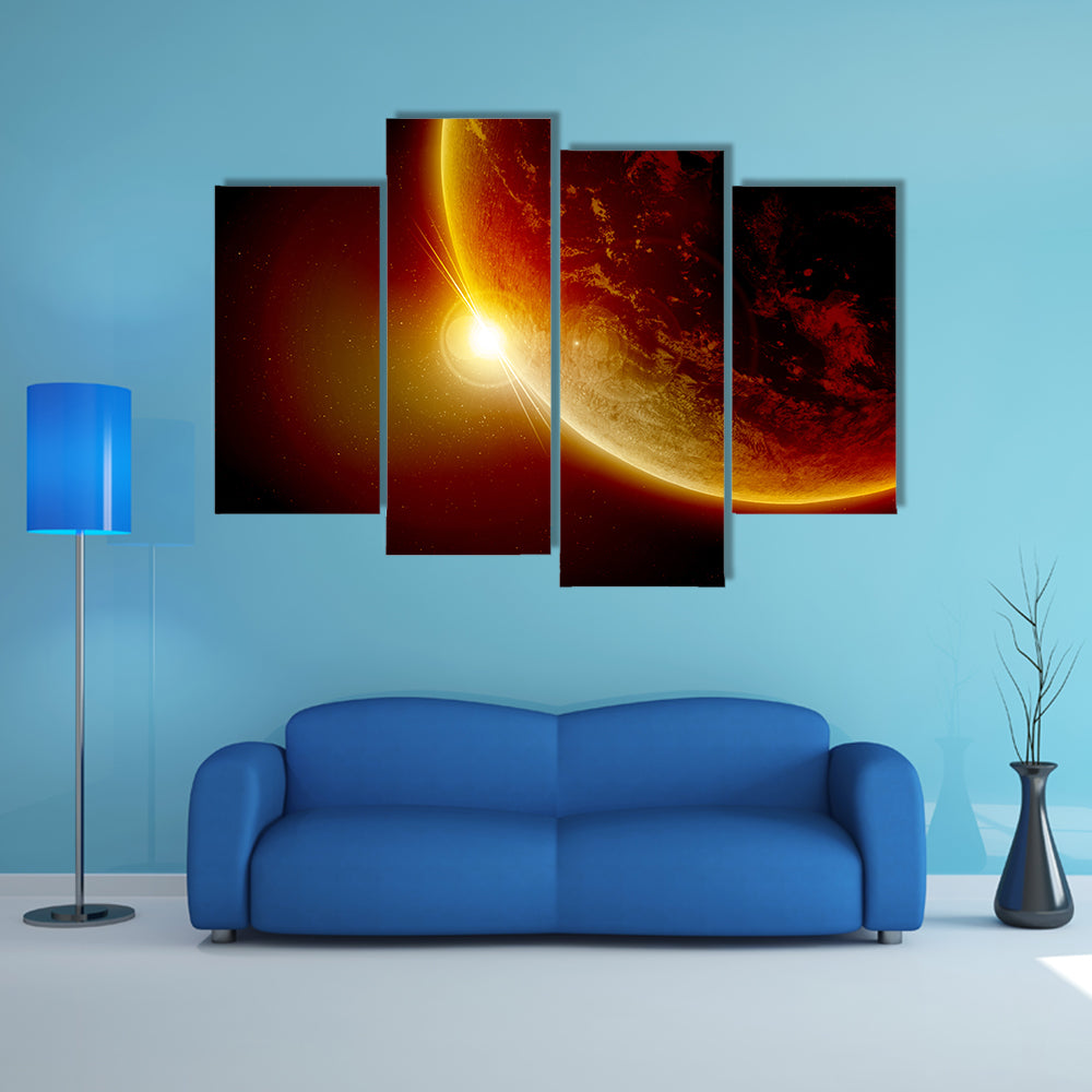 Red Planet Earth In Outer Space With Sun Canvas Wall Art