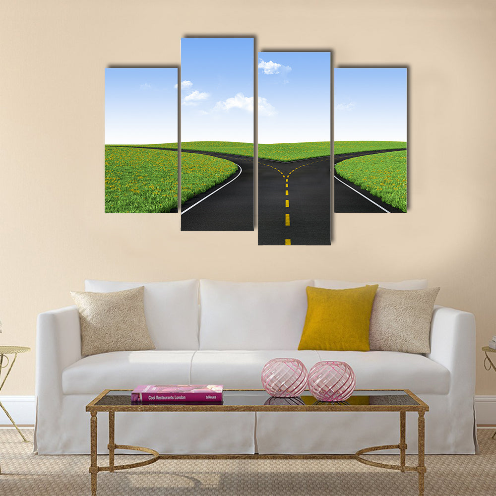 Forked Road in Sunlit Meadows Canvas Wall Art