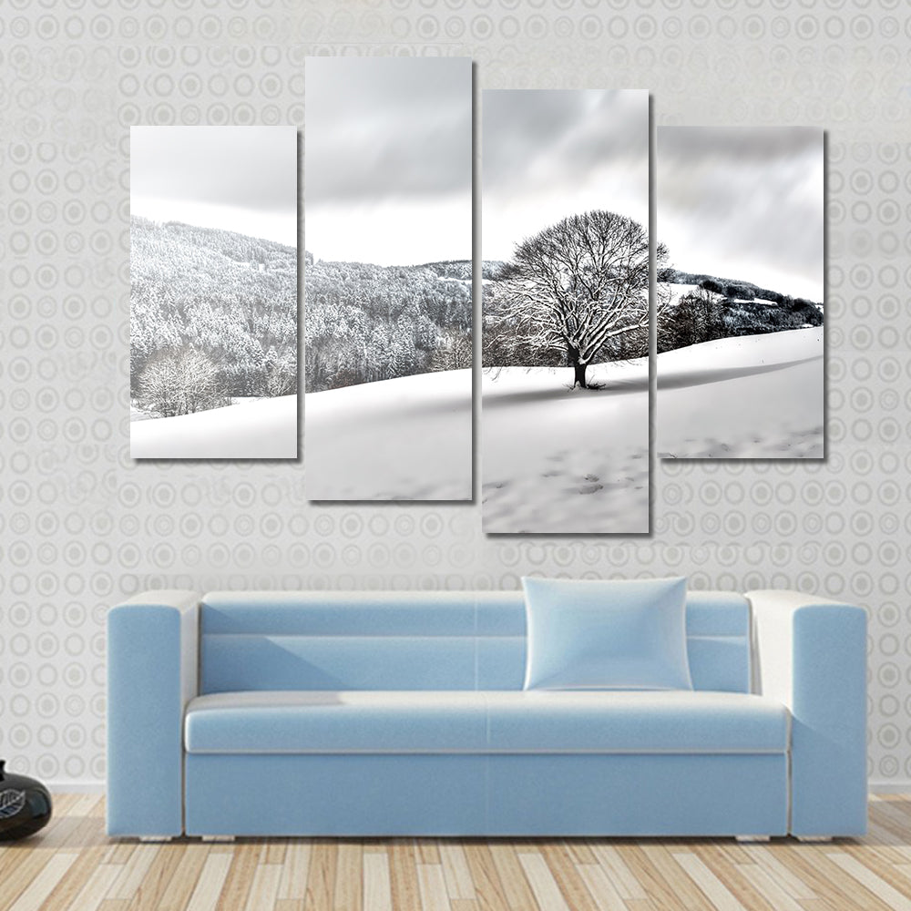 Lonely Tree In Snowy Landscape Canvas Wall Art