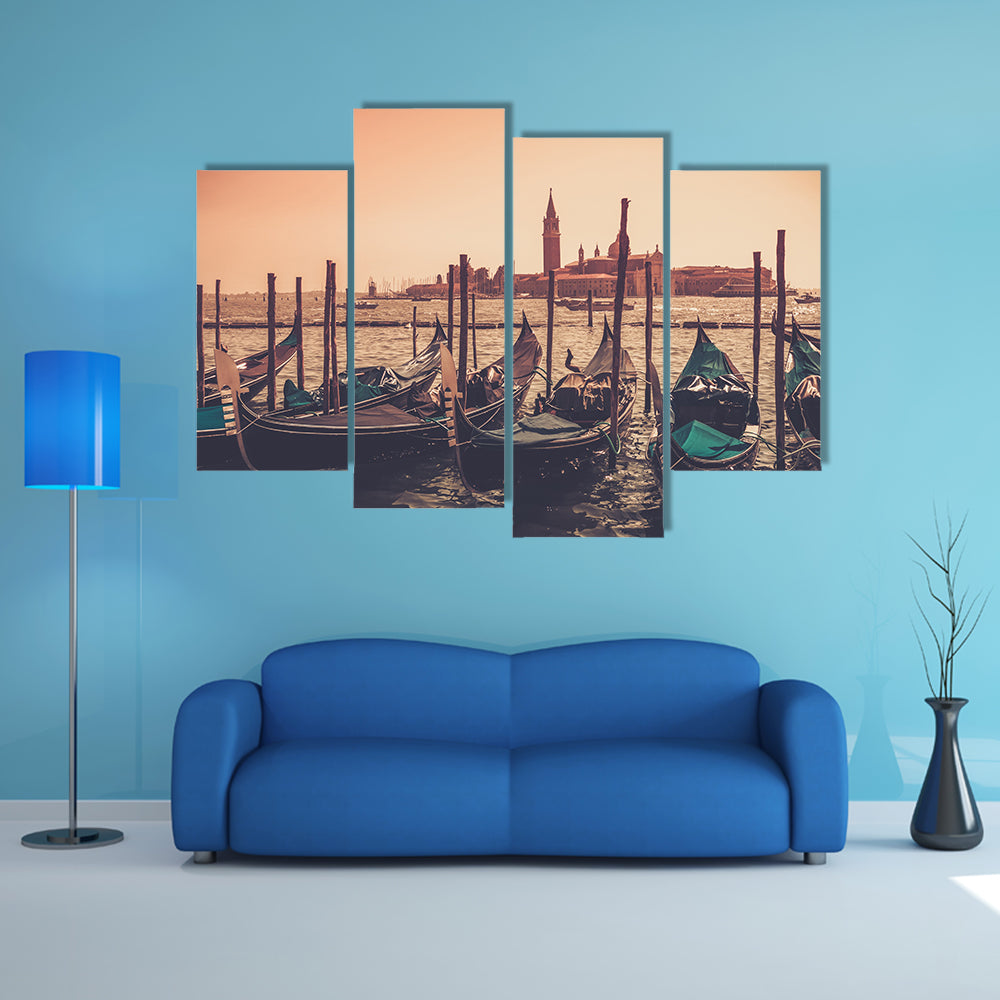 Gondolas Against Venice Panorama In Canal Canvas Wall Art