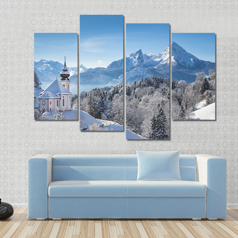 Snowy Alps With Church In Bavaria Canvas Wall Art