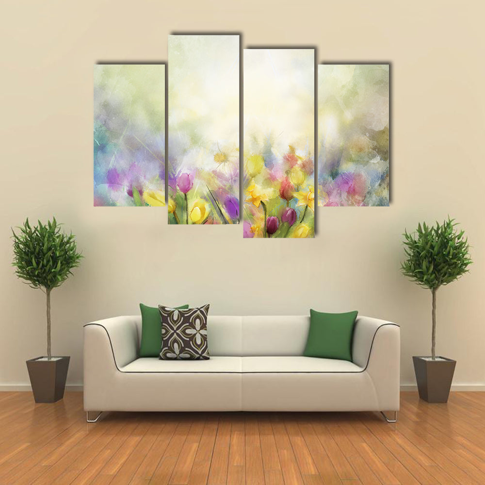 Watercolor Daffodil and Tulip Meadow Canvas Wall Art