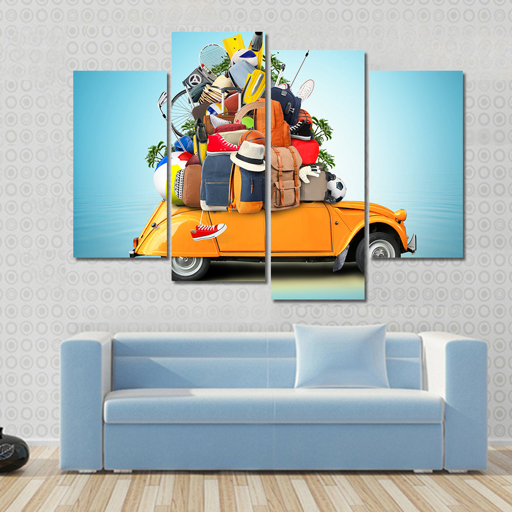 Yellow-orange 2cv with Overloaded Luggage Canvas Wall Art