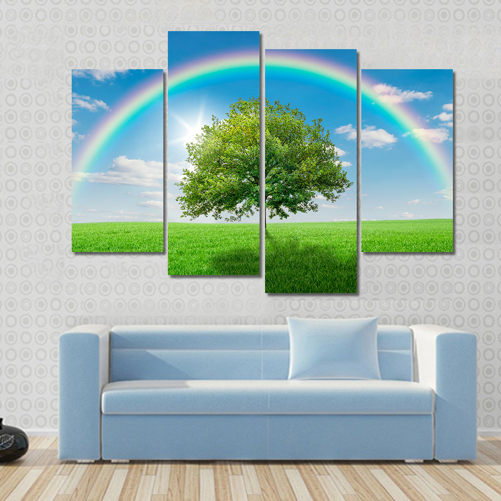 Old Oak Tree on Green Meadow Canvas Wall Art