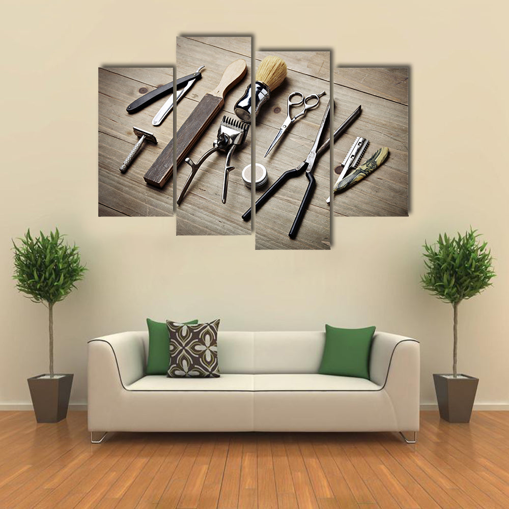 Vintage Barber Tools Flat Lay Canvas Wall Art
