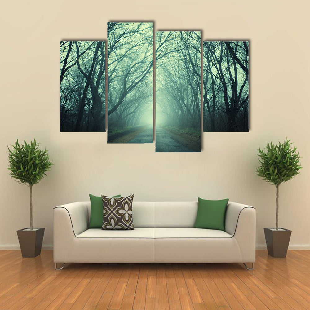 Mysterious Path In Dark Autumn Forest Canvas Wall Art