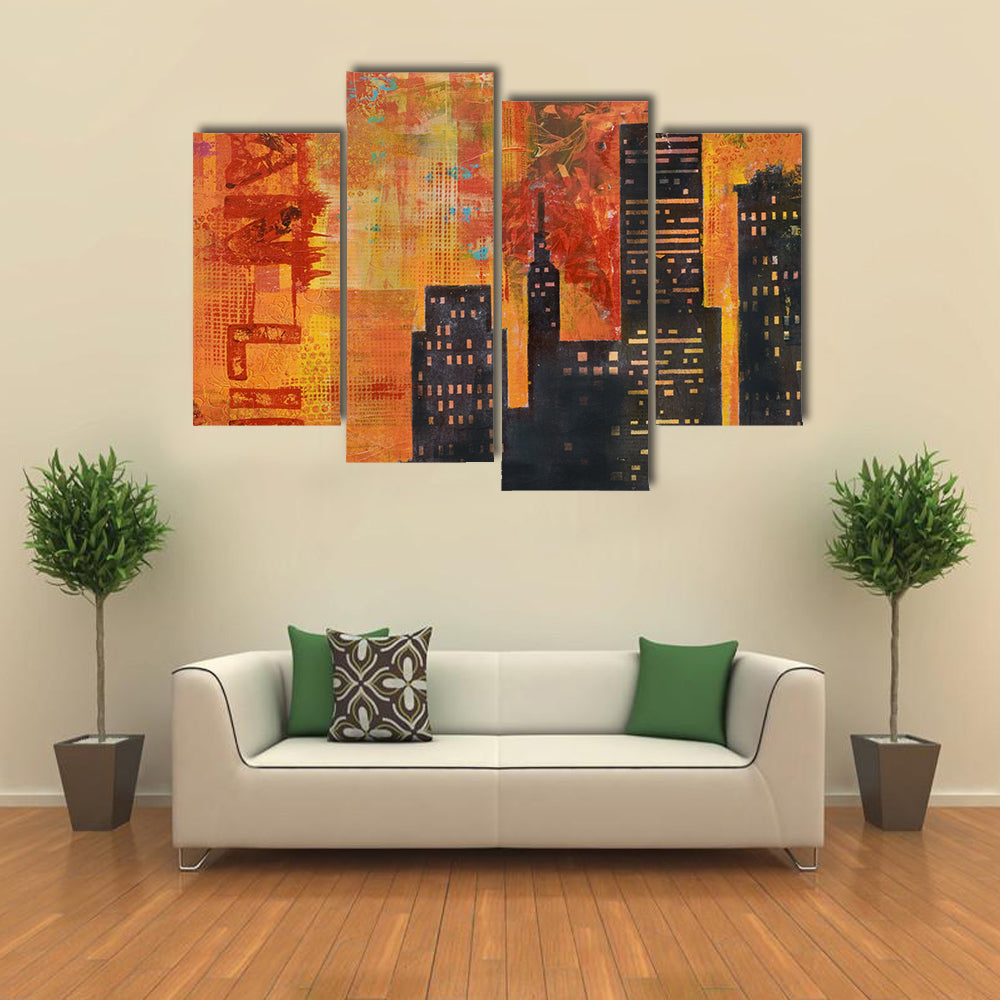 Abstract Urban Skyline with Stenciled Text Canvas Wall Art