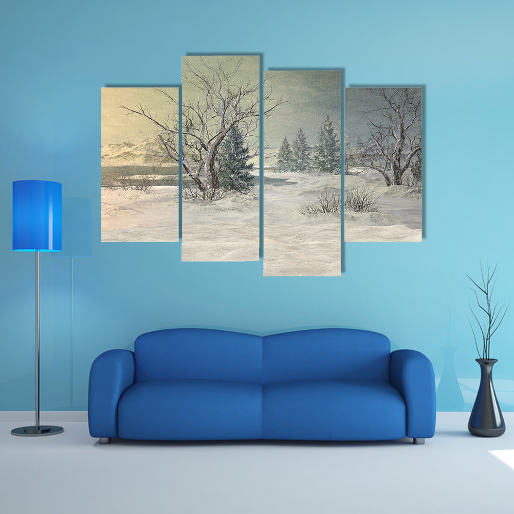 Snow-covered Field with Bare Trees and Mountains Canvas Wall Art