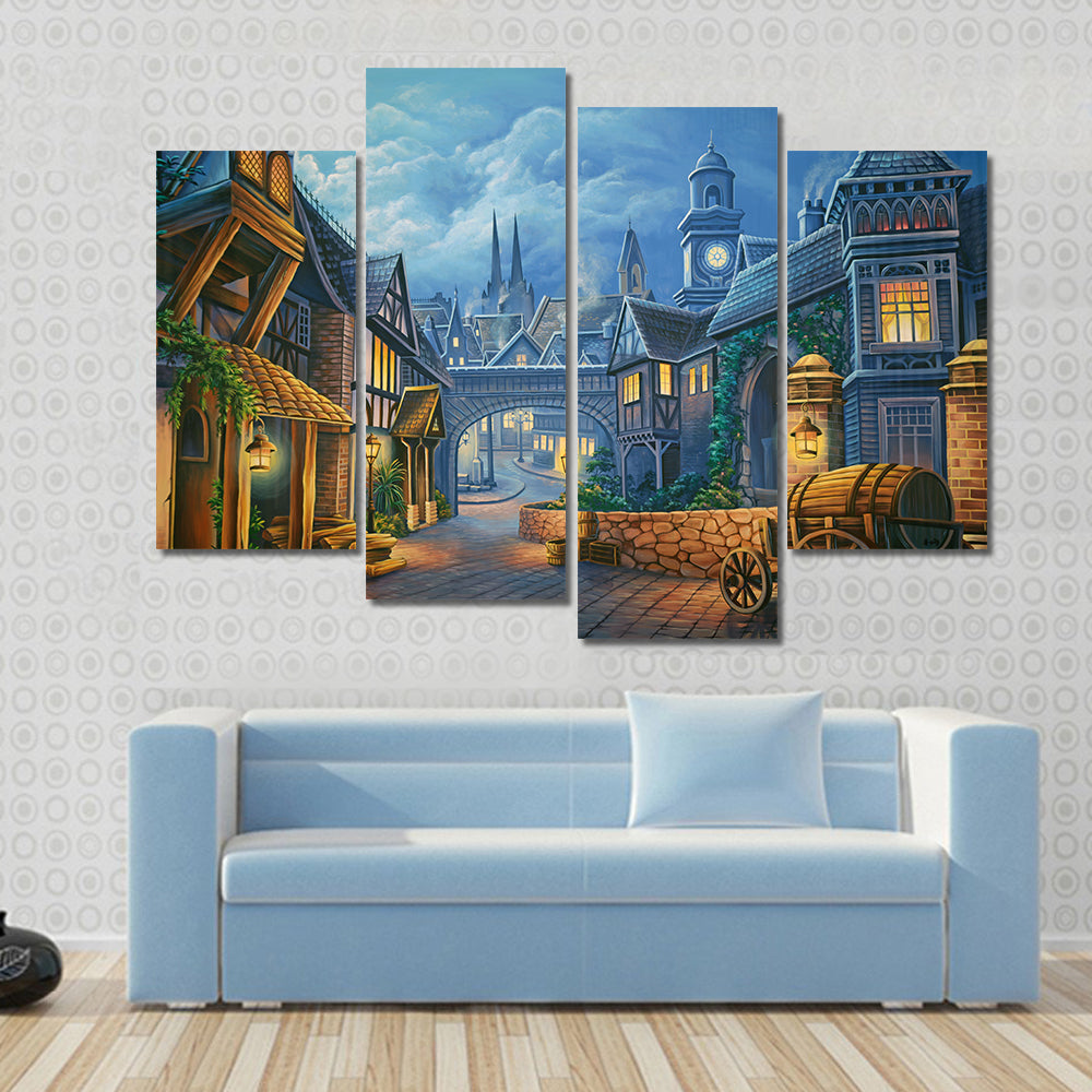 Twilight Medieval Village Through Stone Archway Canvas Wall Art