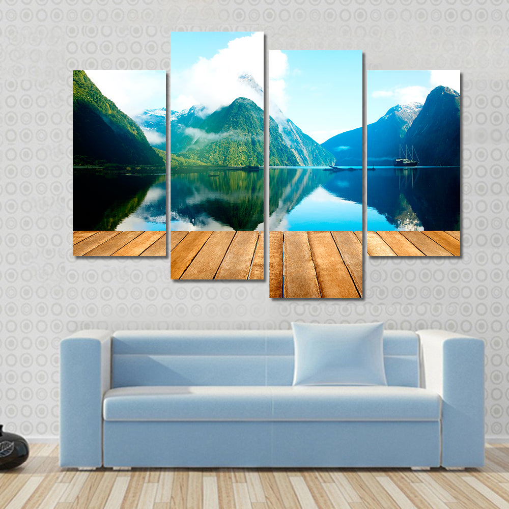 Wooden Pier and Mountain Lake Canvas Wall Art