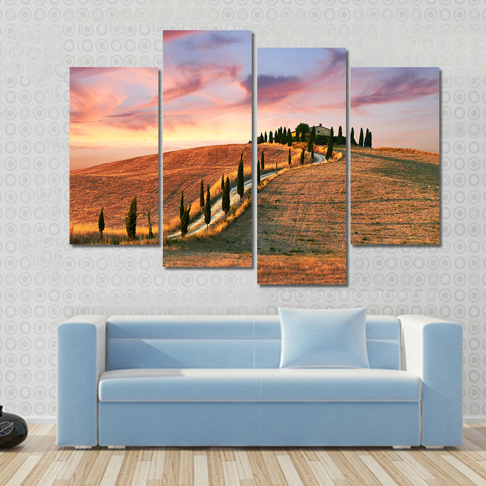 Hilltop Villa with Cypress Road at Sunset Canvas Wall Art