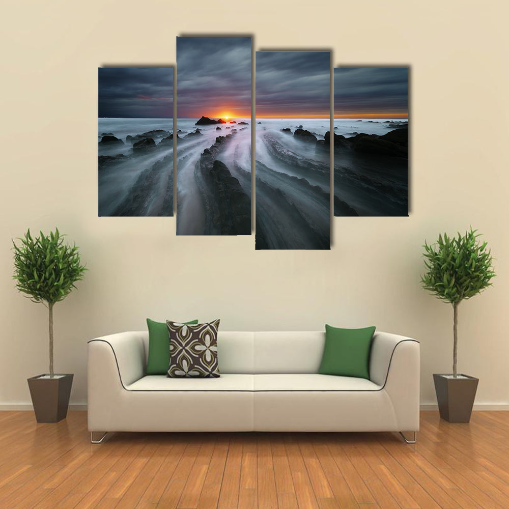 Flysch Rocks In Barrika Beach At The Sunset Canvas Wall Art