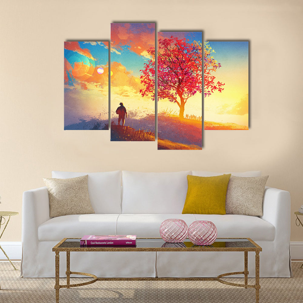 Solitary Hiker in Autumn Mountains Canvas Wall Art