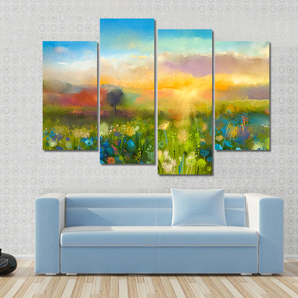 Sunset Over Wildflower Meadow Canvas Wall Art