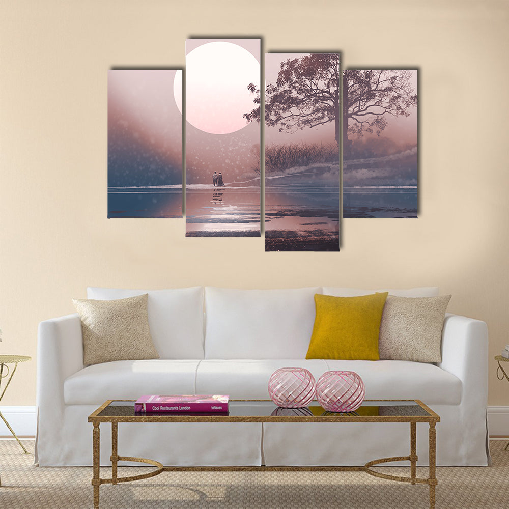 Love Couple Under Moon Canvas Wall Art