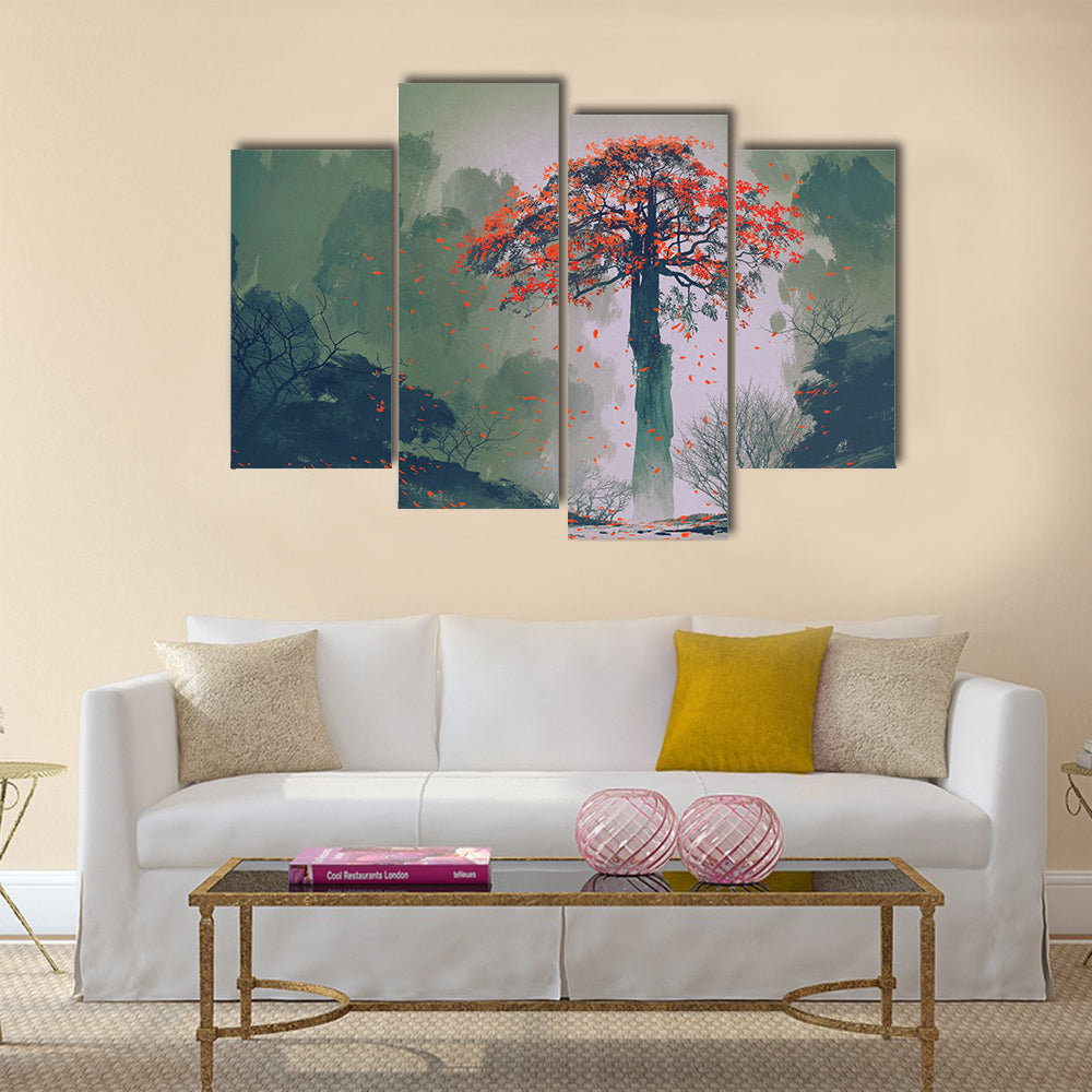 Misty Red Tree in Autumn Forest Canvas Wall Art