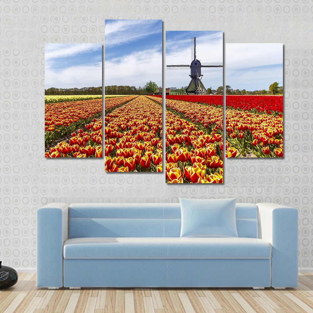 Colorful Tulip Field with Dutch Windmill Canvas Wall Art