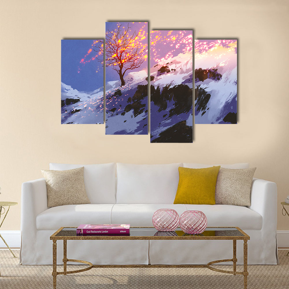 Lone Tree with Glowing Sparks at Twilight Canvas Wall Art
