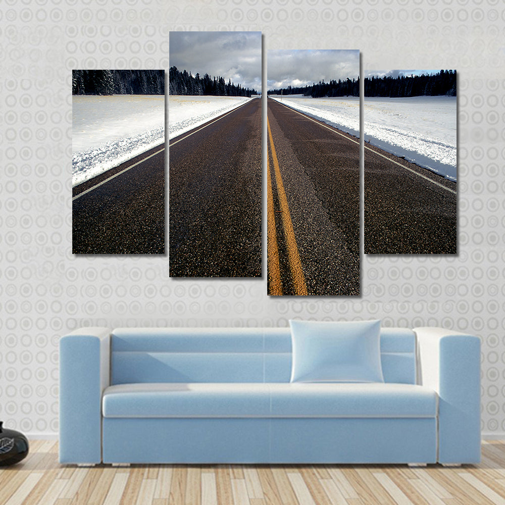 Winter Road with Double Yellow Lines Canvas Wall Art