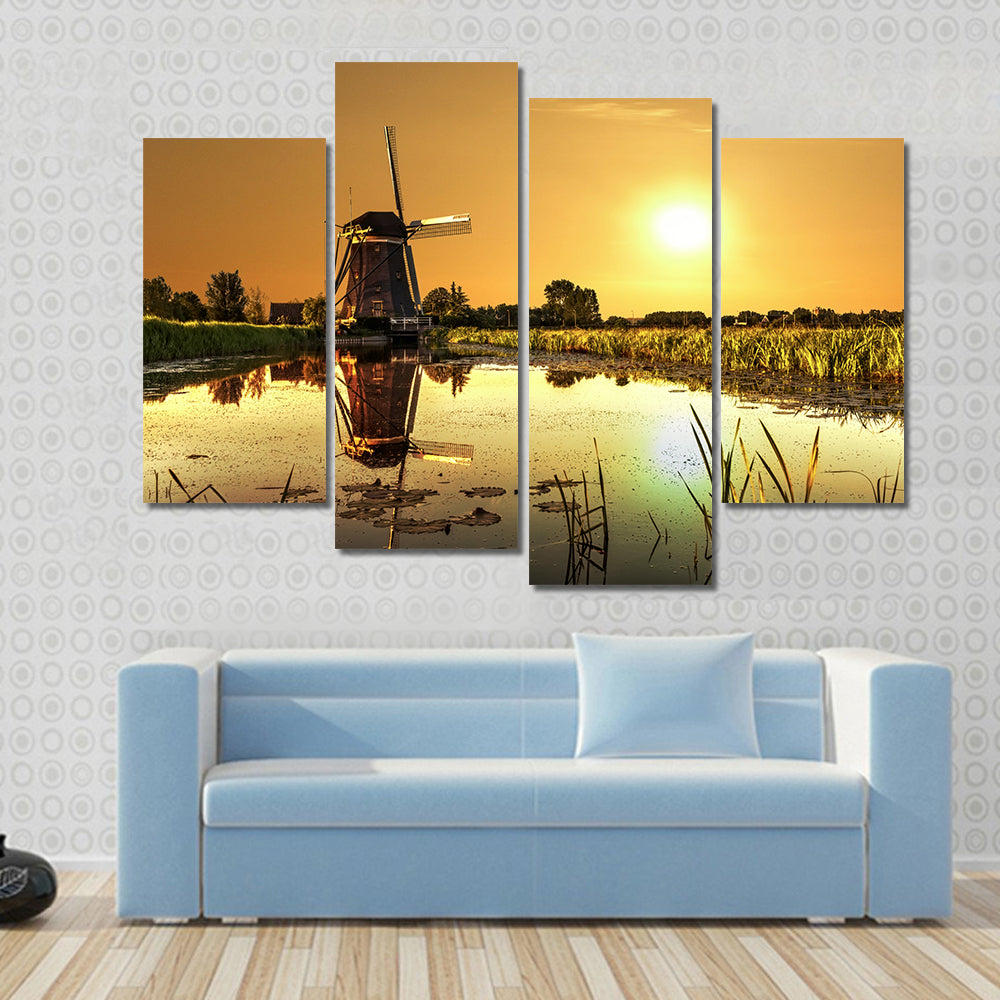 Kinderdijk Windmill at Golden Sunrise Canvas Wall Art