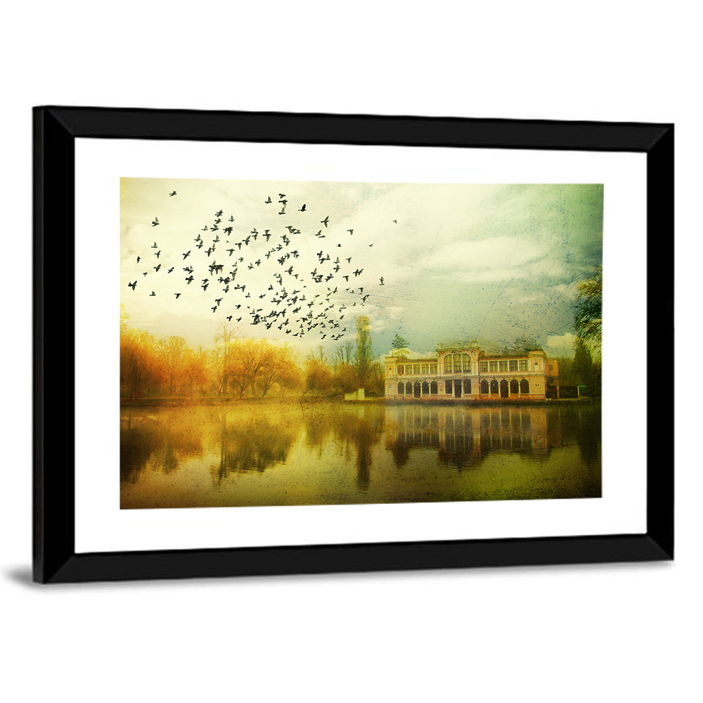Flock Over Vintage Lakeside Mansion Canvas Wall Art