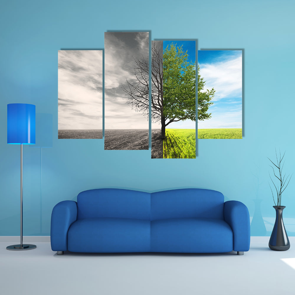 Split Lone Tree in Field Canvas Wall Art