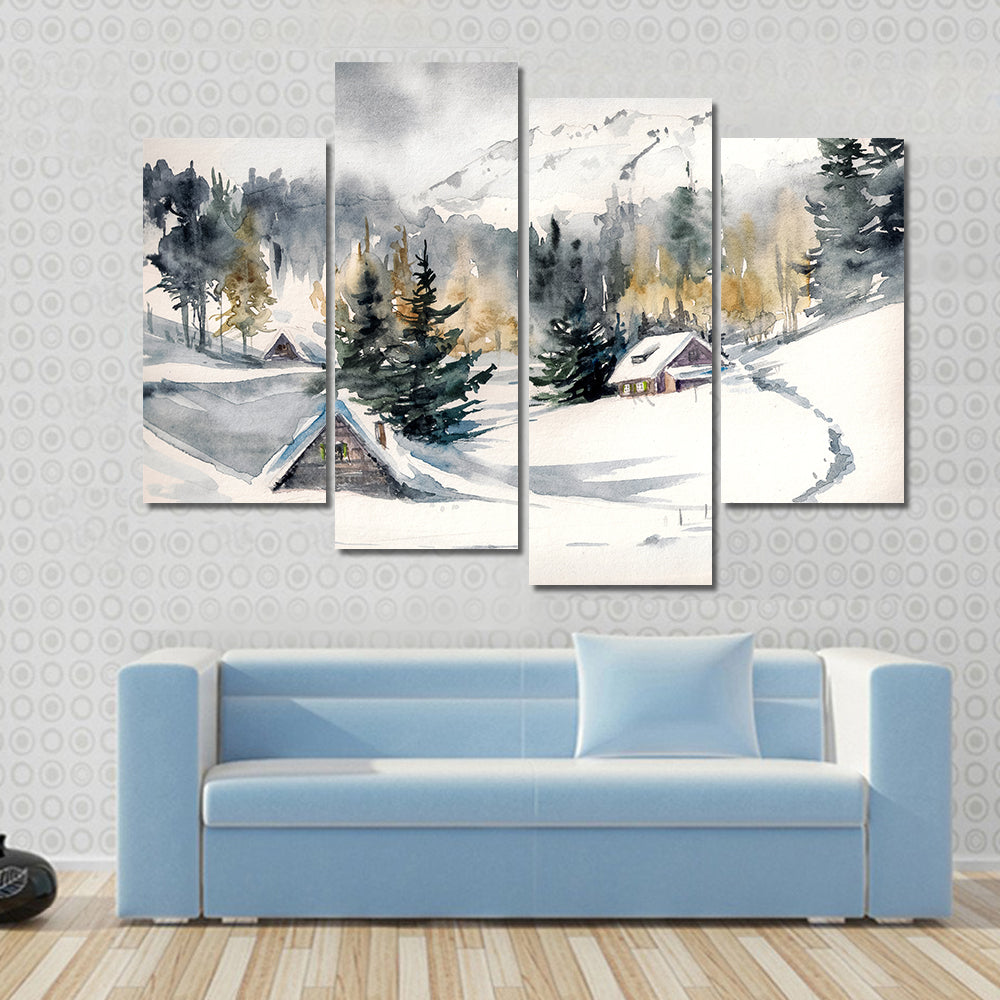 Snowy Mountain Village Canvas Wall Art
