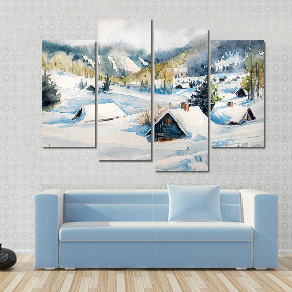 Snowy Mountain Village Canvas Wall Art