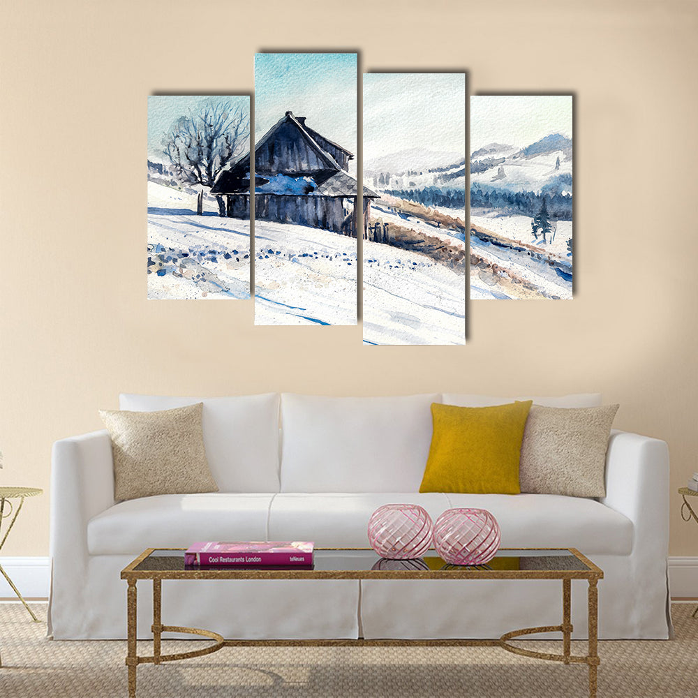 Small House In Winter Mountains Canvas Wall Art