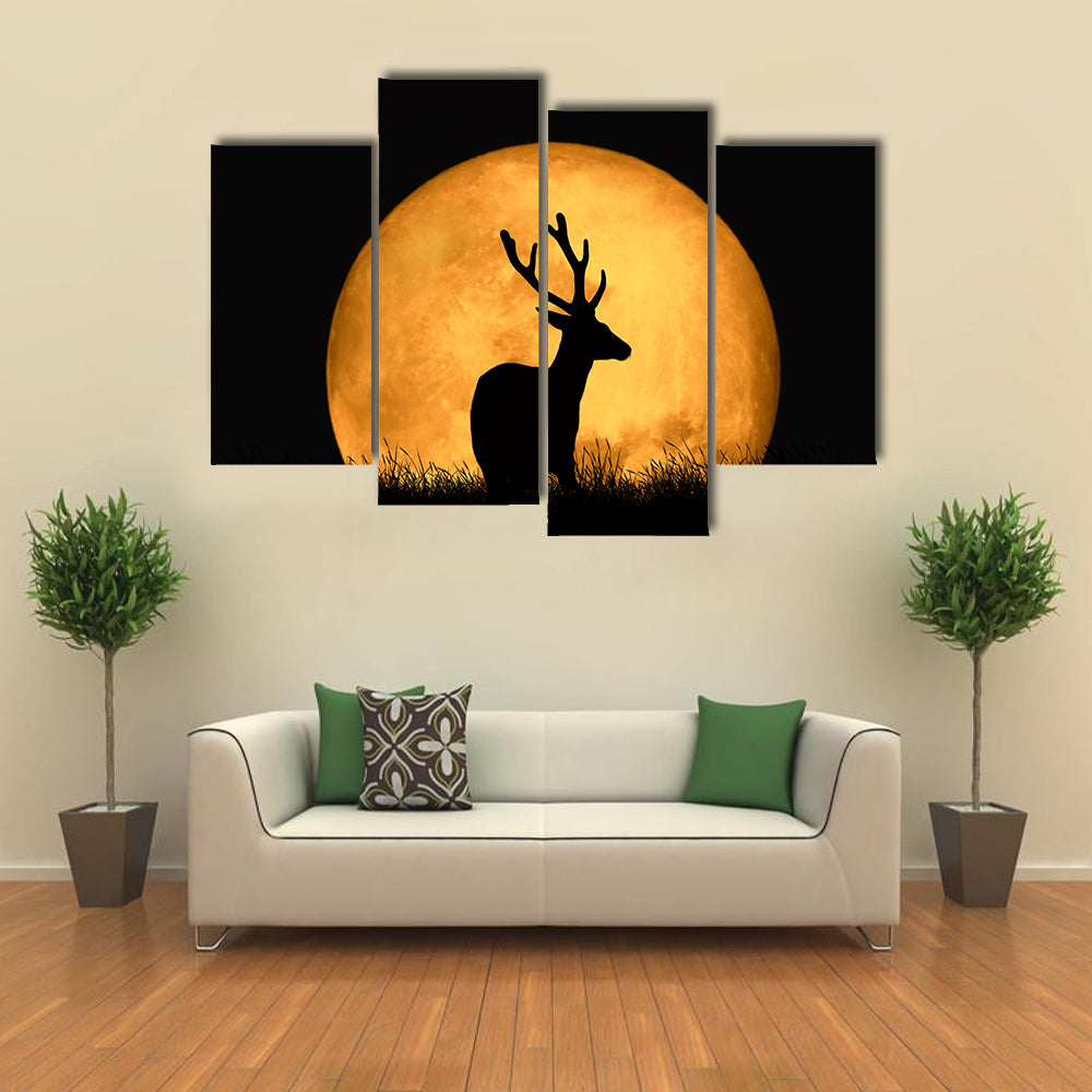 Deer Silhouette With Large Moon Canvas Wall Art