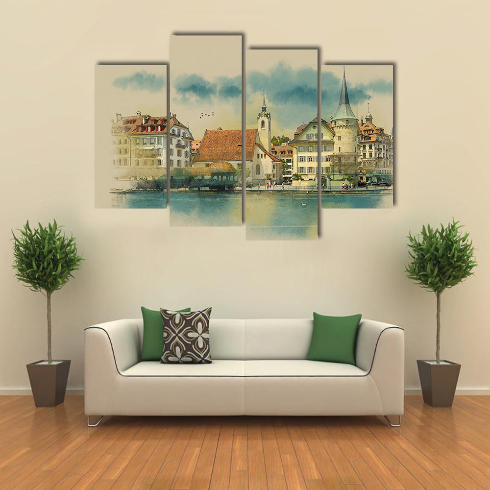 Sketch Of Lucerne Town In Switzerland Canvas Wall Art
